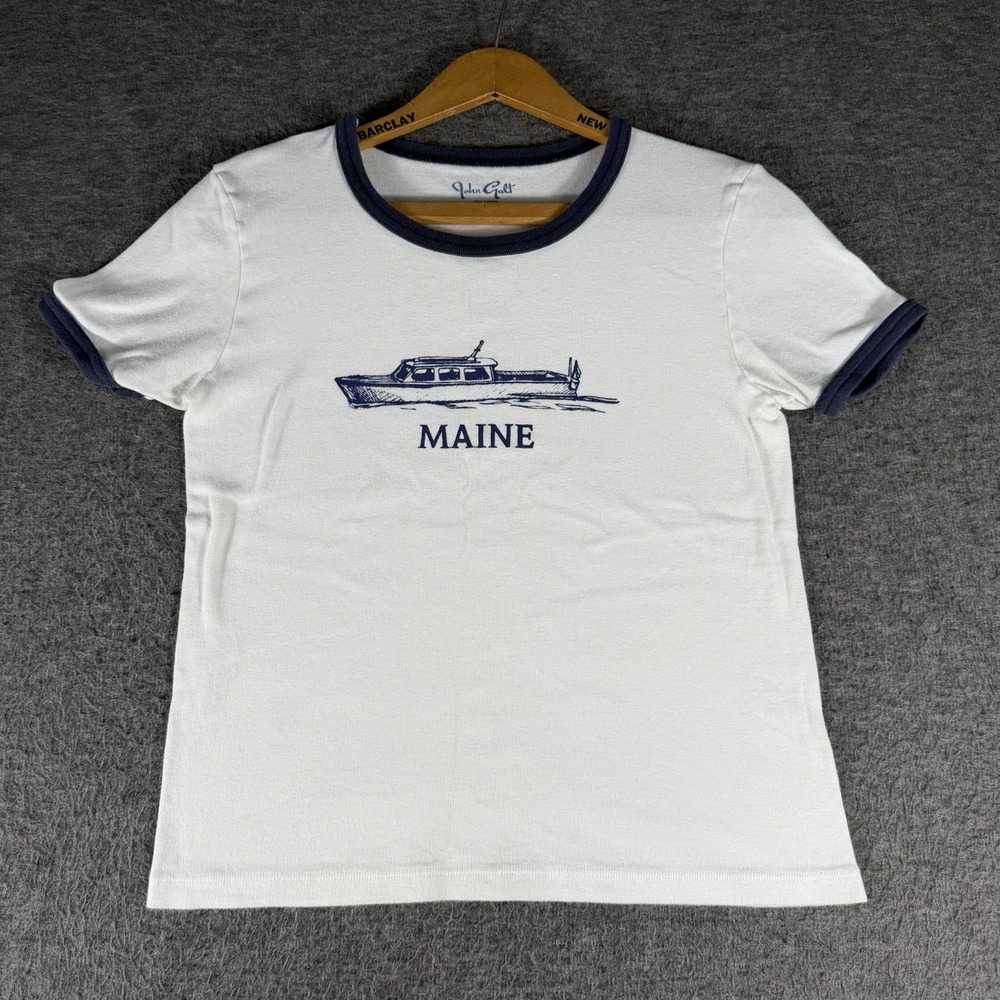 John Galt Brandy Melville White Maine Graphic Ringer Baby Tee Short Sleeve OS